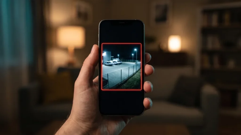 Smartphone zeigt Livebild der Kamera vom Betriebshof bei Alarm