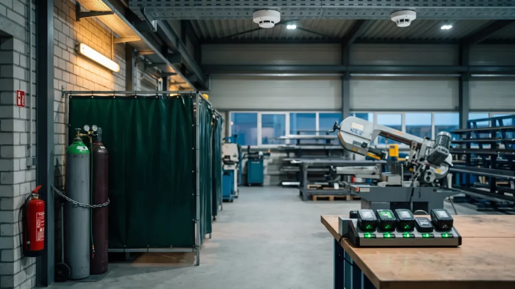 Werkstatt mit Schweißplatz, Akku-Ladestation und Brandmeldern an der Decke