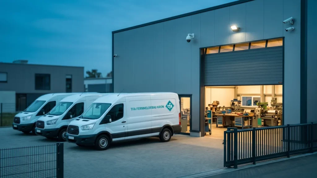 Handwerksbetrieb mit Werkstatthalle, Transportern und Videoüberwachung am Abend